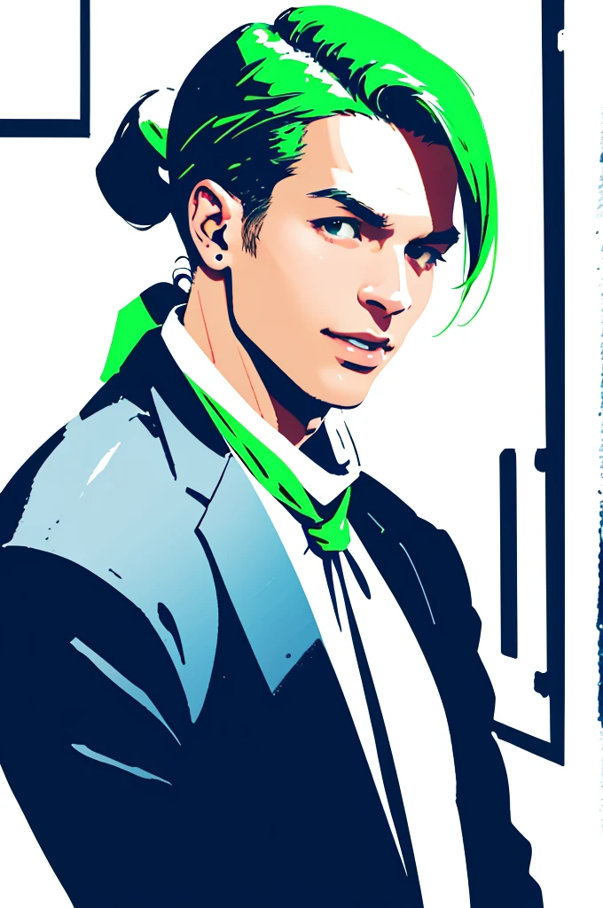 alone、White neckerchief around the neck、Man wearing headphones、Black suit、Green Haired Man、ponytail、