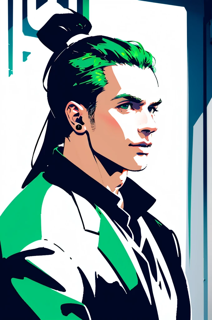 alone、White neckerchief around the neck、Man wearing headphones、Black suit、Green Haired Man、ponytail、