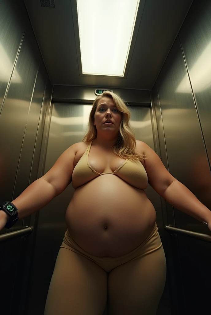 Beautiful blonde morbidly obese woman with a t-shirt and jeans standing in a grey elevator surrounded by olive green stink fumes, comic book artstyle