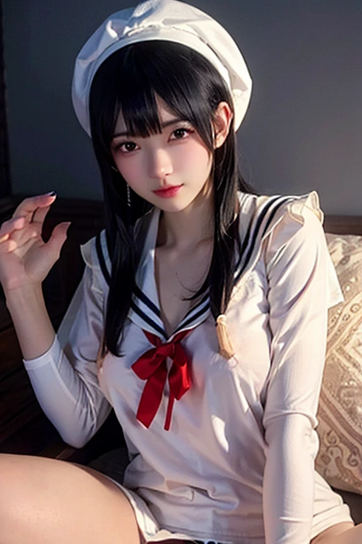 Masterpiece, top quality, highly detailed, sailor suit, alone, ((contrasting eyes)), (lying down), (legs spread), arms raised, armpits, from above, smiling, bedroom