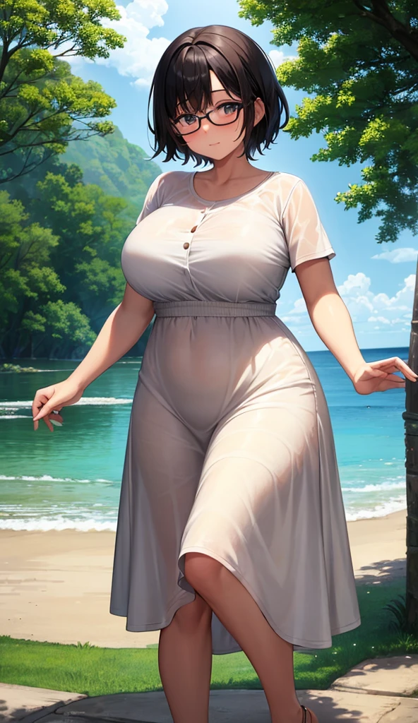 Chubby mature woman wearing glasses、Plain short black hair、Sun-tanned skin、Camping on the riverbank、A short white dress、Playing in the water and getting soaked、High resolution ,Highest quality、solo,Blushing in good spirits,