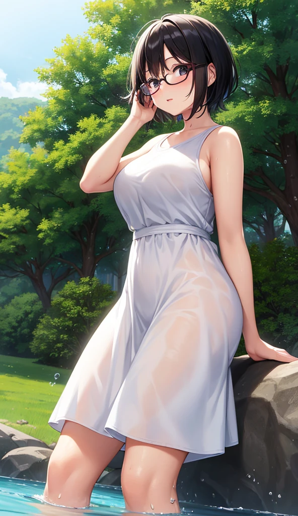 Chubby mature woman wearing glasses、Plain short black hair、Sun-tanned skin、Camping on the riverbank、A short white dress、Playing in the water and getting soaked、High resolution ,Highest quality、solo,Blushing in good spirits,