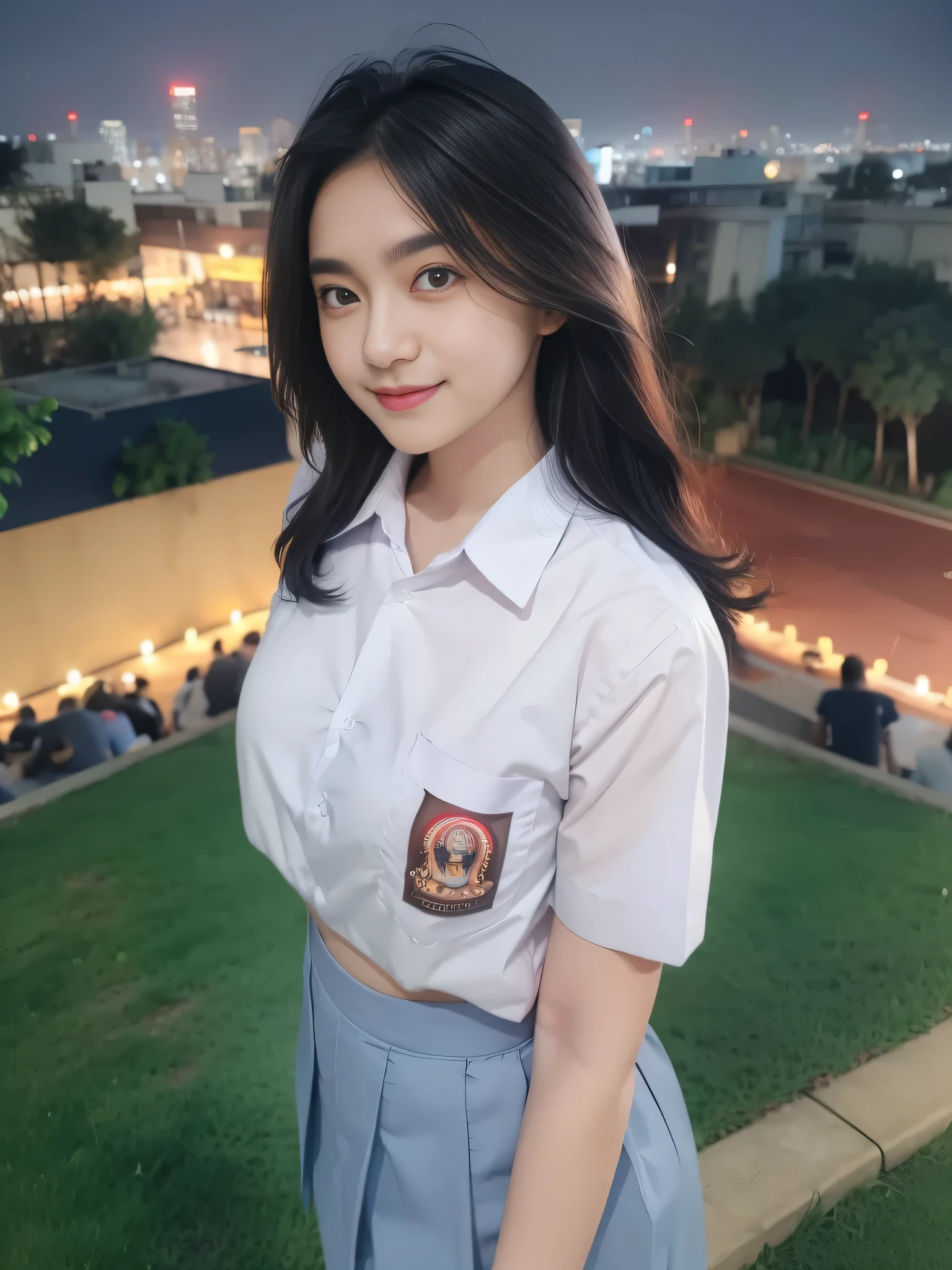 1girl, solo, 1 girl, (Indonesian_high_school_uniform), standing, outdoors, night view, detailed Metropolitan city at the background, (Overhead view:1.35), (zoom out: 1.1), detailed face, cute little smile, detailed eyes, thick breasts, six pack abs, smooth realistic skin, semi-curvy body, white shirt, blue grey hot short skirt, looking at the audience, (8k, RAW photo, best quality, masterpiece: 1.3), (realistic, realistic: 1.37), ultra-high resolution