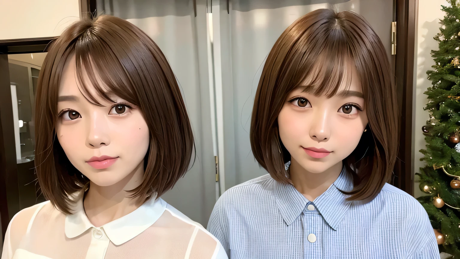girl with 15yo student Brown hair Anime style Plain clothe On-eyebrows Patsun Half Twin bob Hanging eyes double tooth
