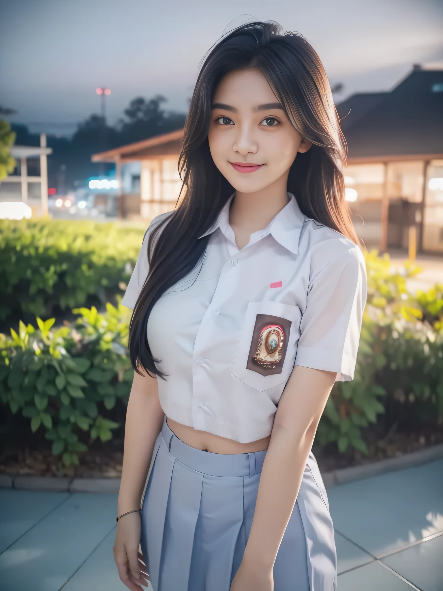 1girl, solo, 1 girl, (Indonesian_high_school_uniform), standing, outdoors, night view, detailed Metropolitan city at the background, (Overhead view:1.35), (zoom out: 1.1), detailed face, cute little smile, detailed eyes, thick breasts, six pack abs, smooth realistic skin, semi-curvy body, white shirt, blue grey hot short skirt, looking at the audience, (8k, RAW photo, best quality, masterpiece: 1.3), (realistic, realistic: 1.37), ultra-high resolution