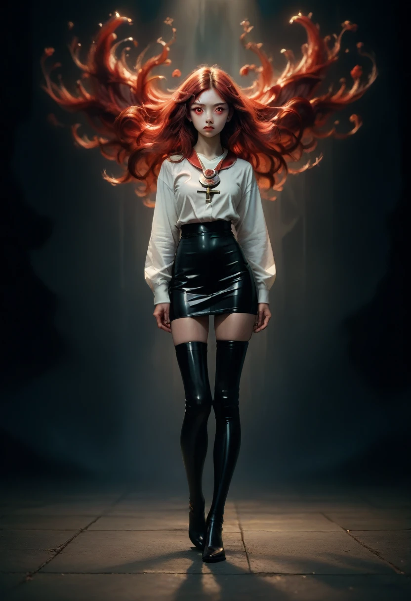 2d, masterpiece, best quality, anime, highly detailed face, highly detailed eyes, highly detailed background, perfect lighting, 1girl, solo, full body, standing, latex legwear, white shirt, red hair, amulet 