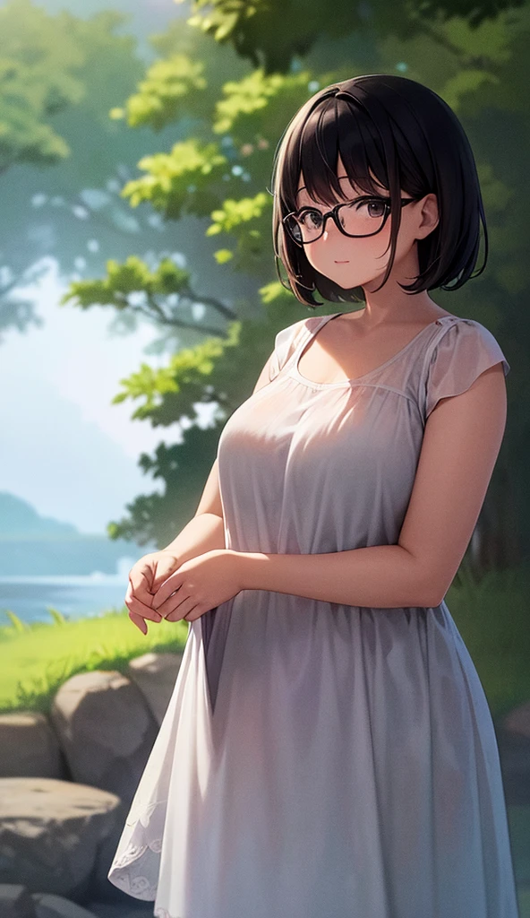 Chubby mature woman wearing glasses、Plain short black hair、Sun-tanned skin、Camping on the riverbank、A short white dress、Playing in the water and getting soaked、High resolution ,Highest quality、solo,Blushing in good spirits,