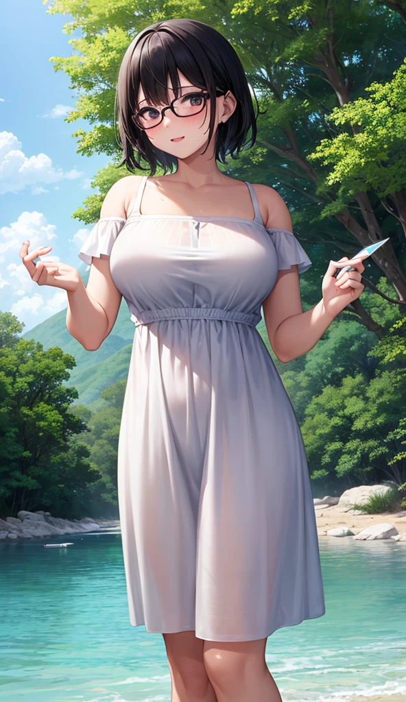 Chubby mature woman wearing glasses、Plain short black hair、Sun-tanned skin、Camping on the riverbank、A short white dress、Playing in the water and getting soaked、High resolution ,Highest quality、solo,Blushing in good spirits,