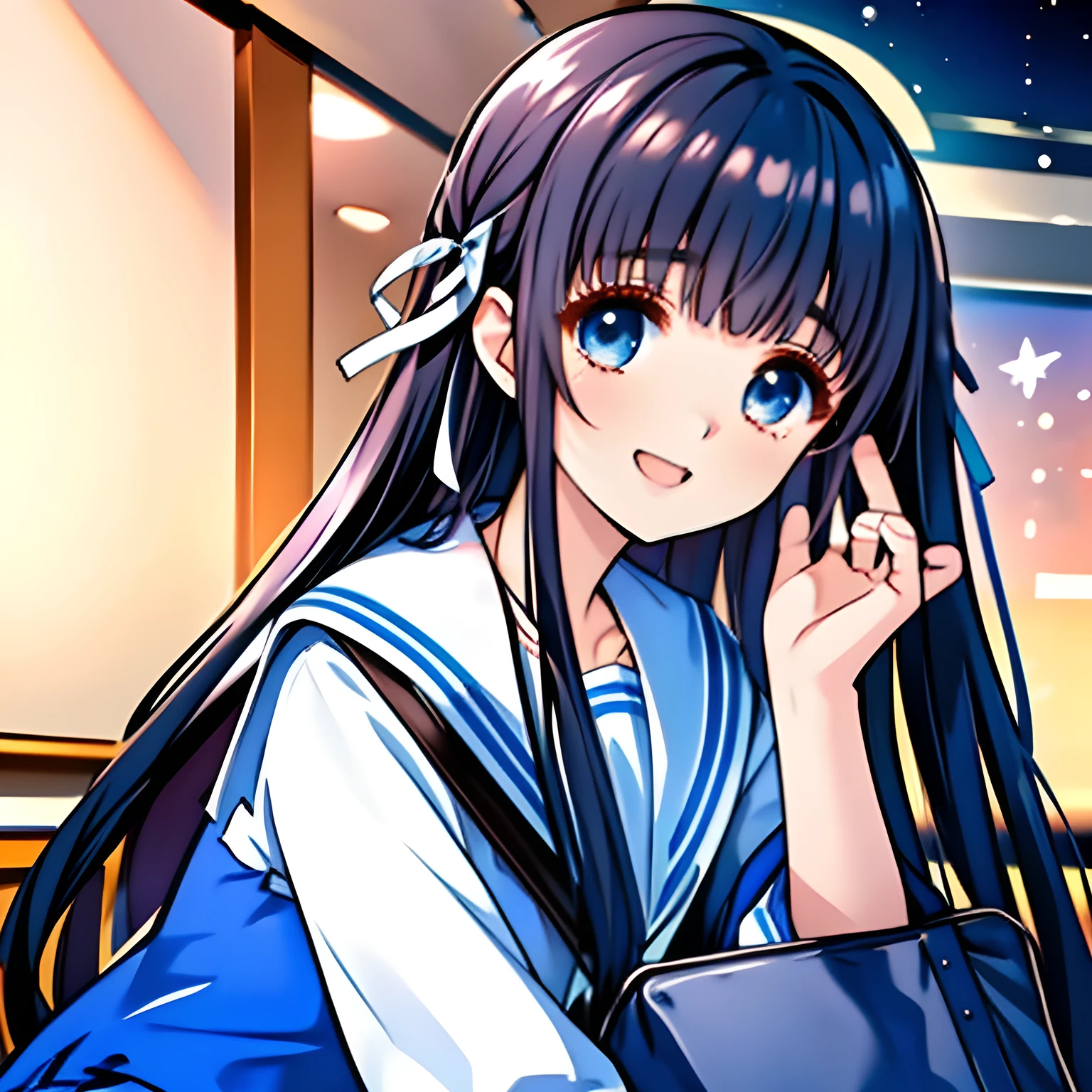 (highest quality, masterpiece, Full HD, High definition, High color saturation: 1.2), (Very carefully drawn cover of Japanese high-school girl's comics, Solo beautiful giggling noble elegant high-school girl wares navy sailor-styled uniform with leather school bag and flying in space, charming elegantly, mature face, Noble Elegant but lecherous salacious insane and lascivious, sailor uniform: 1.5), (Just one very beautiful noble heroine who is looking and laughing at me, Very detailed cute noble high-school woman's noble eyes and face, Beautiful giggling eyes with detailed: 1.4), (Super-long bottom-eyelashes: 1.2), (Girl whom everyone loves because of her beauty and lovely fashion and noble manner and mind of evil succubus and magical-charm of evil succubus: 1.0), (Very beautiful, wavy, cutely super-super-long dark-dark-blue-dark-blue rich hair, with elegant hair ribbons, spreading on whole the screen: 1.3), (Laughing very beautiful and sapphire-blue mature intelligent cute-eyes which charms and enslave me inevitably, with clearly detailed: 1.4), (Eyes are clearly detailed), (very long eyelashes: 1.0), (Realistic noble neat noble school navy-colored sailor uniform with a noble expensive glossy red ribbon on the chest: 1.4), (Realistic Charming neat navy-colored deeply pleated long expensive school skirt: 1.5), (Soprano singer of classic music: 1.6), (Can't stop giggling: 1.6), Clear skin, (Nothing except black space and stars background: 1.7), (Navy-colored tops and Navy-colored cute collar of sailor-uniform: 1.6), (Faces are especially detailed and carefully drawn.), (Shot from the side)