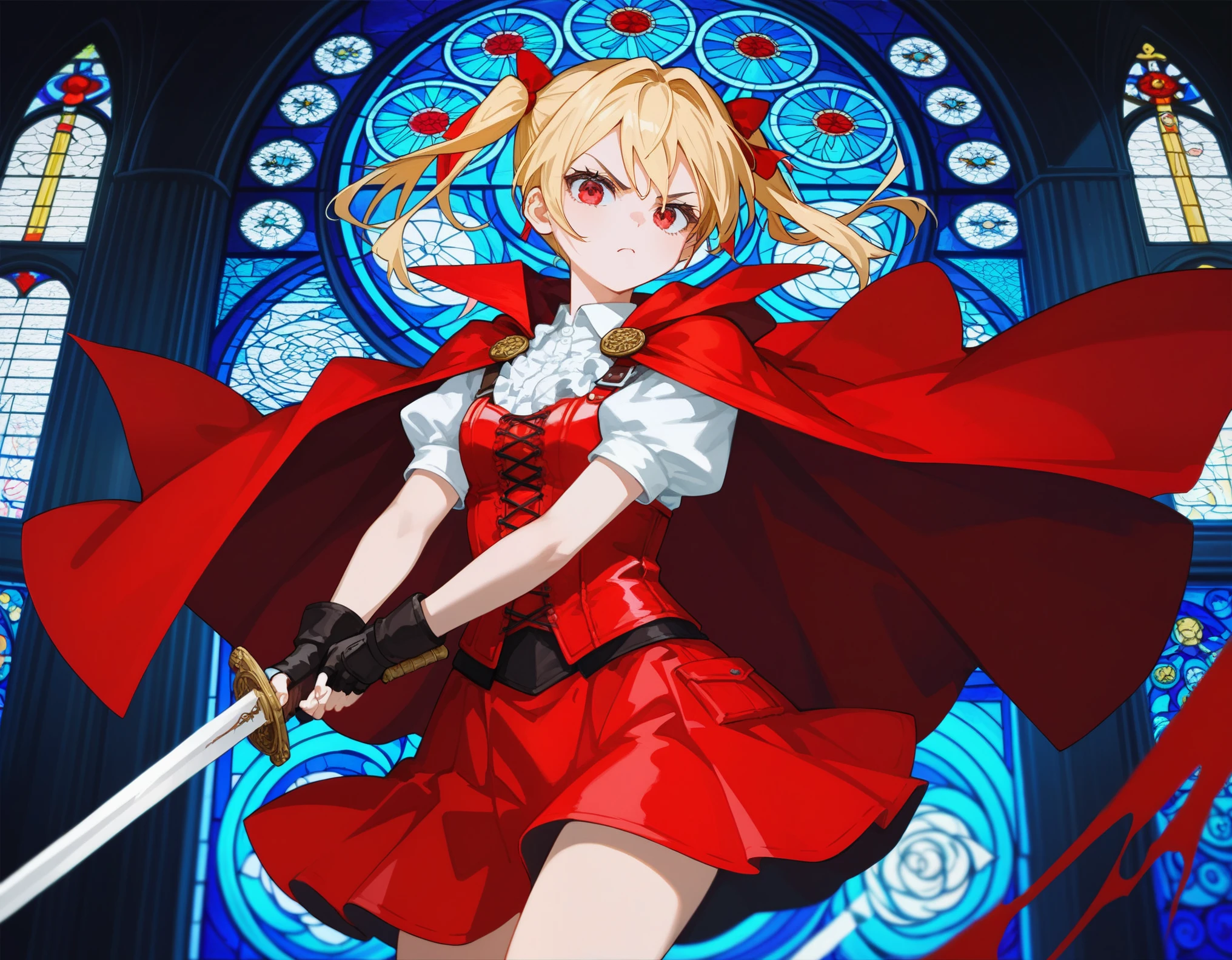 1girl, solo, serious, white shirts, red long cape cloak, red corset, frills red skirt, black fingerless gloves, blonde, two side up, red eye,
(weapon over shoulder, holding weapon), (Sword carried diagonally), 
Anime Girls, dutch angle, acrobatic pose, cowboy shot, combat stance, Gloomy painting style，
church, stained glass
Score_9,Score_8,score_7_up,source_anime, rating_questionable,