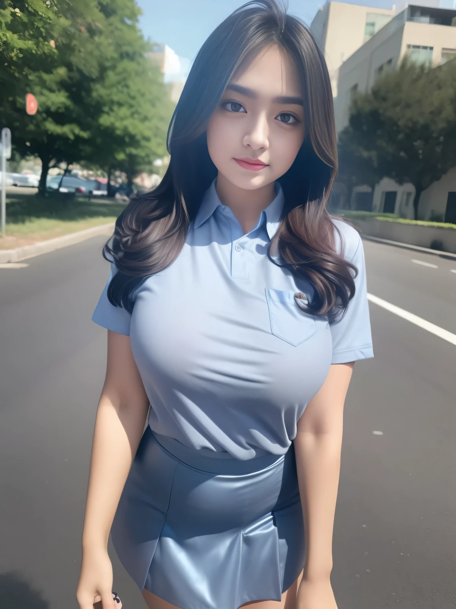 1girl, (uniform), standing, outdoors, detailed face, detailed eyes, thick breasts, shiny skin, tight shirt, grey blue short skirt, looking at the audience, low angle shot,(8k, RAW photo, best quality, masterpiece: 1.2), (realistic, realistic: 1.37), ultra-high resolution