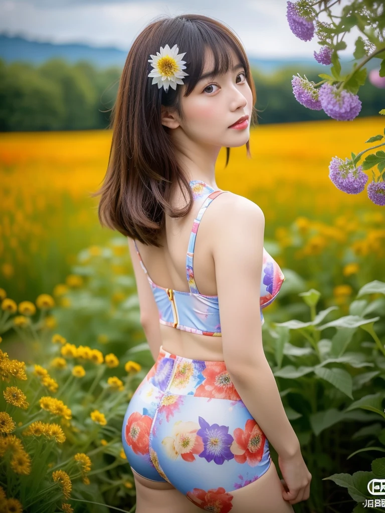 最high quality、high quality、Best image quality、topless:1.8,Nipples are visible:1.8,8k,Sunflower print bikini,micro bikini:1.6,topless:1.8,smile、最High resolution、High resolution、最high quality、masterpiece、RAW Photos、whole body写真、Detailed and realistic human body、Small Ass、ample bosom, Detailed and realistic skin、Realistic face in every detail、Detailed and realistic eyes、Detailed and realistic lips、Detailed and realistic teeth、Detailed and realistic ears、Detailed and realistic hair、Realistic reproduction of every detail、Realistic fingers in every detail、(Beautiful Hands、thumb1reference4)、Realistic feet down to the last detail、((Beautiful Japanese Woman))、(Japanese Model)、((21 year old beautiful woman))、(Black Hair)、(Straight hair)、((whole body))、(Slim and perfect figure)、(whole body光沢肌、Fair skin)、Detailed and realistic human body、Detailed and realistic skin、Realistic face in every detail、Realistic fingers in every detail、Detailed realistic feet、Soft natural light、A 360-degree sunflower field、((standing in the middle of a field of sunflowers(A girl surrounded by sunflowers 360 degrees))、Poses to make your thighs look beautiful