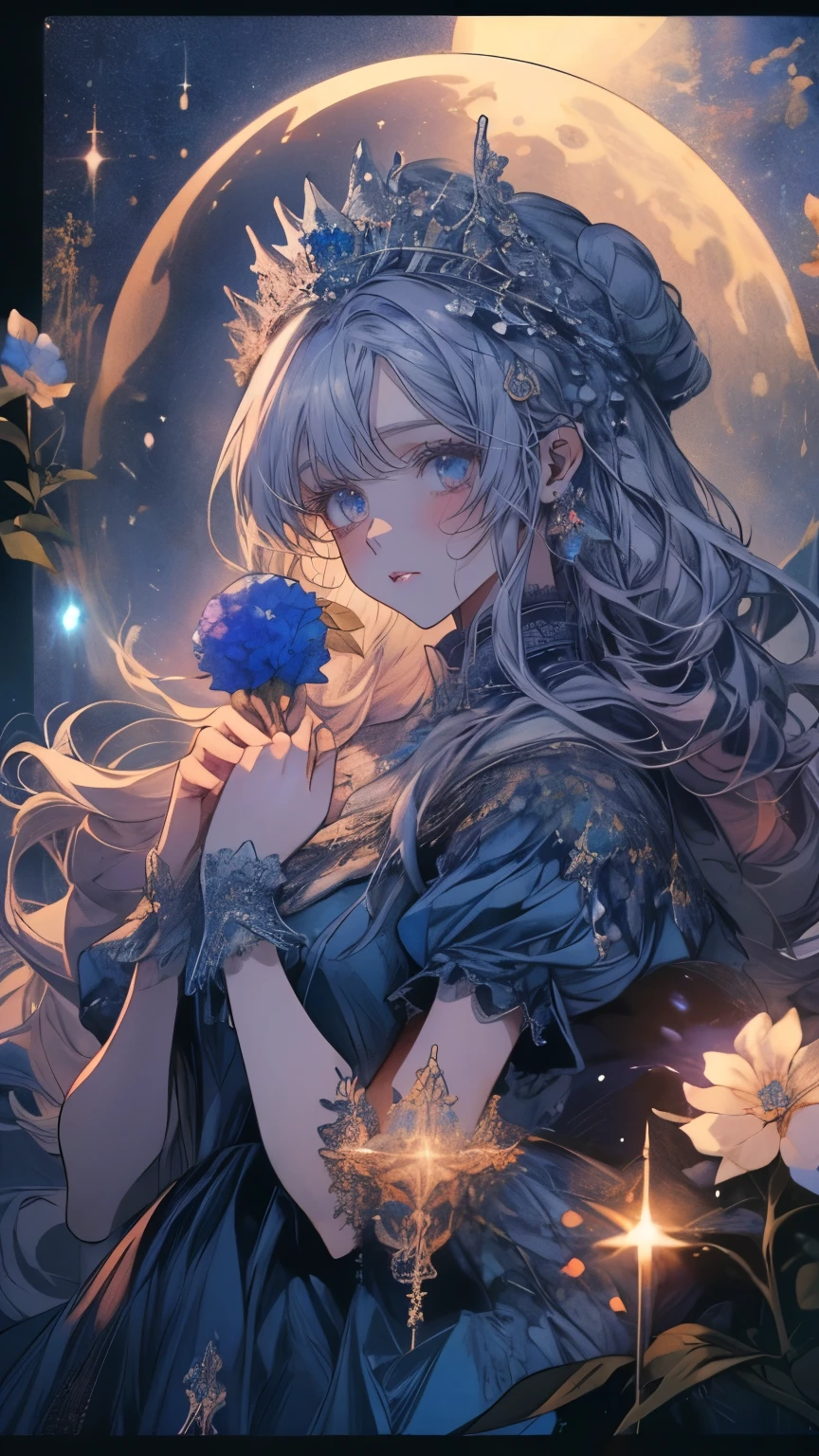 (Mastepiece), (Best Quality), Very detailed, 1 girl, (Solo Shooting:1.5), Perfect Face, beautiful girl, Very detailedな顔,((Blue Princess Dress:1.5))、(Long white hair:1.5),(blue eyes:1.4),(Princess:1.4)、(White flower:1.4)、(Blue Butterfly々:1.3)、(Castle:1.3)、moonlight、流れstar、(night、star空、White Moon:1.4)、star々、moonlight、Sparkling