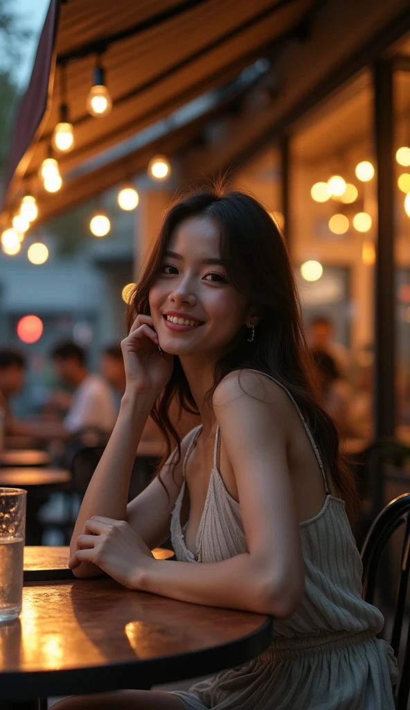 8K images, Shot with a high quality Fuji 45 camera.,000,000 pixels raw photo, best quality, Masterpiece:1.2), (realistic, photo-realistic:1.37), very detailed,
1 woman,cute, alone,Beautifully detailed sky,nighttime, In an open-air restaurant,) ,big breasts, seductive smile, wide aperture, professional lighting, Sony A7R4, 50mm sessile lens. 2 medium sized breasts,Beautifully detailed eyes,(dark orange t-shirt, Long hair floats up:1.2),floating hair