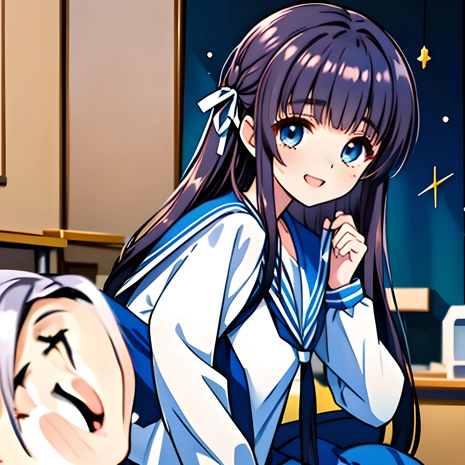 (highest quality, masterpiece, Full HD, High definition, High color saturation: 1.2), (Very carefully drawn cover of Japanese high-school girl's comics, Solo beautiful giggling noble elegant high-school girl wares navy sailor-styled uniform with leather school bag and flying in space, charming elegantly, mature intelligent face, Noble Elegant but lecherous salacious insane and lascivious, sailor uniform: 1.5), (Just one very beautiful noble heroine who is looking and laughing at me, Very detailed cute noble high-school woman's noble eyes and face, Beautiful giggling eyes with detailed: 1.4), (Super-long bottom-eyelashes: 1.2), (Girl whom everyone loves because of her beauty and lovely fashion and noble manner and mind of evil succubus and magical-charm of evil succubus: 1.0), (Very beautiful, wavy, cutely super-super-long dark-dark-blue-dark-blue rich hair, with elegant hair ribbons, spreading on whole the screen: 1.3), (Laughing very beautiful and sapphire-blue mature intelligent cute-eyes which charms and enslave me inevitably, with clearly detailed: 1.4), (Eyes are clearly detailed), (very long eyelashes: 1.0), (Realistic noble neat noble school navy-colored sailor uniform with a noble expensive glossy red ribbon on the chest: 1.4), (Realistic Charming neat navy-colored deeply pleated long expensive school skirt: 1.5), (Soprano singer of classic music: 1.6), (Can't stop giggling: 1.6), Clear skin, (Nothing except black space and stars background: 1.7), (Navy-colored tops and Navy-colored cute collar of sailor-uniform: 1.6), (Faces are especially detailed and carefully drawn.), (Shot from the side)