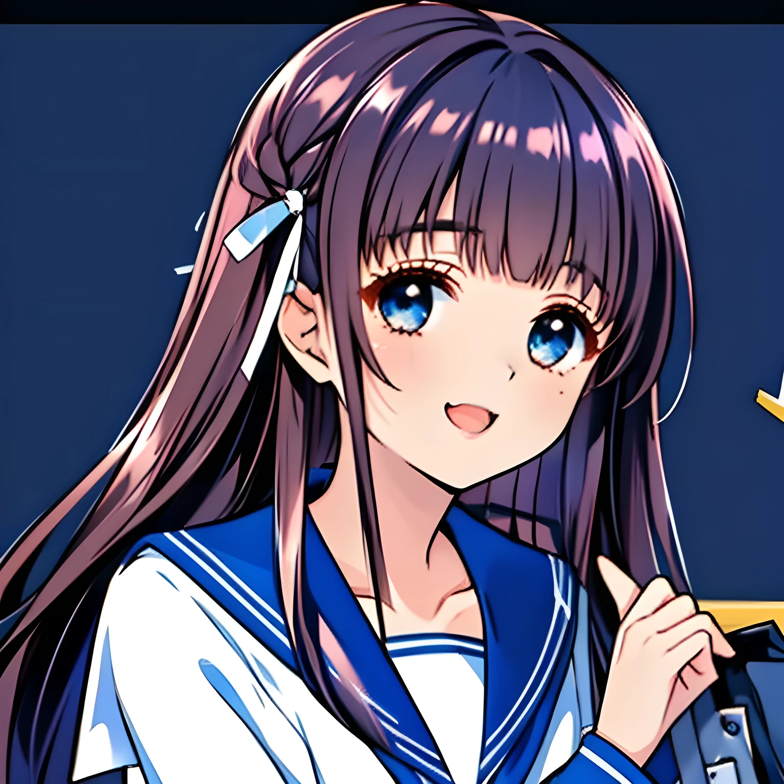 (highest quality, masterpiece, Full HD, High definition, High color saturation: 1.2), (Very carefully drawn cover of Japanese high-school girl's comics, Solo beautiful giggling noble elegant high-school girl wares navy sailor-styled uniform with leather school bag and flying in space, charming elegantly, mature intelligent sexy face, Noble Elegant but lecherous salacious insane and lascivious, sailor uniform: 1.5), (Just one very beautiful noble heroine who is looking and laughing at me, Very detailed cute noble high-school woman's noble eyes and face, Beautiful giggling eyes with detailed: 1.4), (Super-long bottom-eyelashes: 1.2), (Girl whom everyone loves because of her beauty and lovely fashion and noble manner and mind of evil succubus and magical-charm of evil succubus: 1.0), (Very beautiful, wavy, cutely super-super-long dark-dark-blue-dark-blue rich hair, with elegant hair ribbons, spreading on whole the screen: 1.3), (Laughing very beautiful and sapphire-blue mature intelligent cute-eyes which charms and enslave me inevitably, with clearly detailed: 1.4), (Eyes are clearly detailed), (very long eyelashes: 1.0), (Realistic noble neat noble school navy-colored sailor uniform with a noble expensive glossy red ribbon on the chest: 1.4), (Realistic Charming neat navy-colored deeply pleated long expensive school skirt: 1.5), (Soprano singer of classic music: 1.6), (Can't stop giggling: 1.6), Clear skin, (Nothing except black space and stars background: 1.7), (Navy-colored tops and Navy-colored cute collar of sailor-uniform: 1.6), (Faces are especially detailed and carefully drawn.), (Shot from the side)