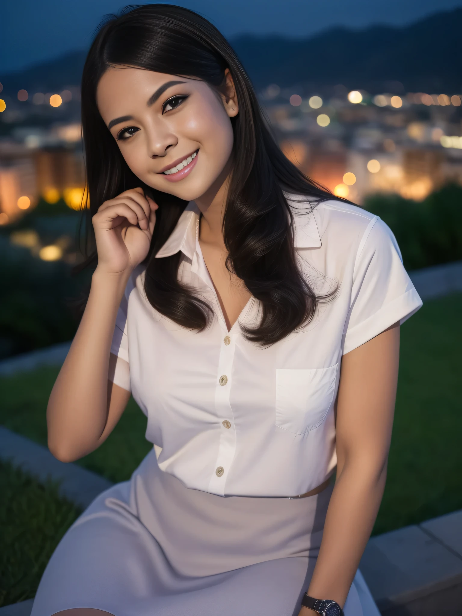 1girl, 1 girl, (uniform), standing, outdoors, night view, detailed Metropolitan city at the background, (Overhead view:1.35), (zoom out: 1.1), detailed face, cute little smile, detailed eyes, medium thick breasts, six pack abs, smooth realistic skin, semi-curvy body, white shirt, grey blue short skirt, looking at the audience, (8k, RAW photo, best quality, masterpiece: 1.3), (realistic, realistic: 1.37), ultra-high resolution