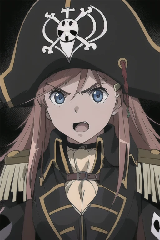 masterpiece, best quality, 1girl, detailed face and eyes, big breasts, cleavage, Katou Marika, (black pirate costume), long coat, belt, (black pirate hat), looking at the viewer, facing the viewer, angry facial expression, open mouth, yell, (simple dark background)