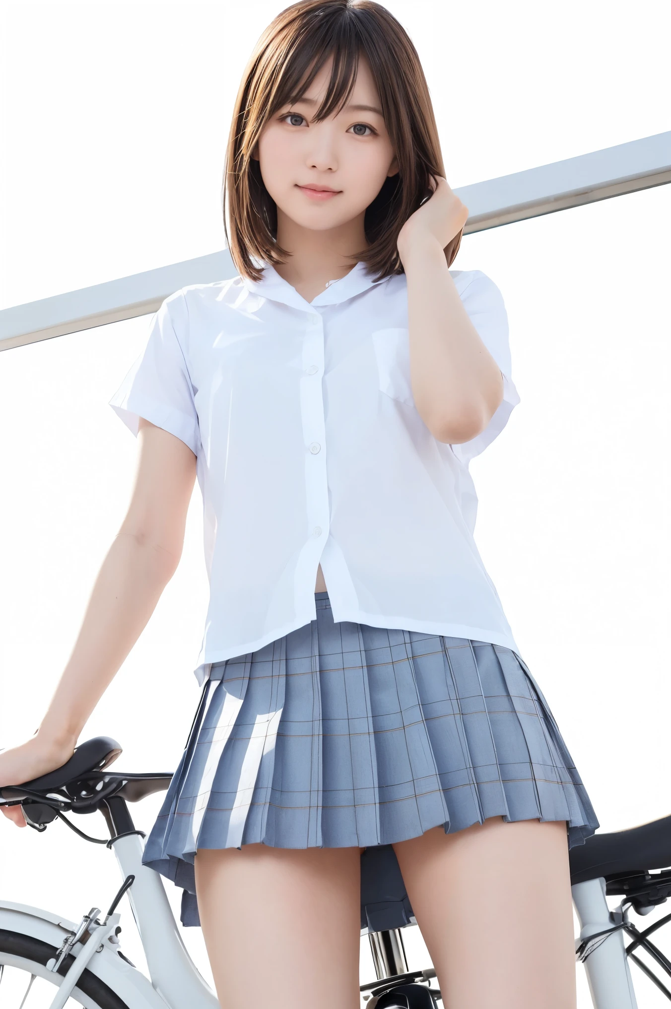 (Straddling the bicycle saddle、Japanese high school girl waiting at a traffic light)、(((White shirt without sleeves)))、Hands on the wheel, looking ahead、Bra visible from sleeve opening、((Light blue checkered mini pleated skirt))、Dark brown bob hair、Medium Hair、Straight hair、smile、Stretching his legs out on the curb、Her long, slender legs are beautiful、Well-proportioned physique,Spread your legs、Wear loafers、A gentle breeze blows and flips my skirt、((I can see your cotton panties.))、Back view at the intersection、(((Angle from below)))、Beautiful blue sky and white clouds、(Highest quality, masterpiece, High resolution)、8k、wallpaper、Her short skirt is rolled up, exposing her panties、Full body portrait