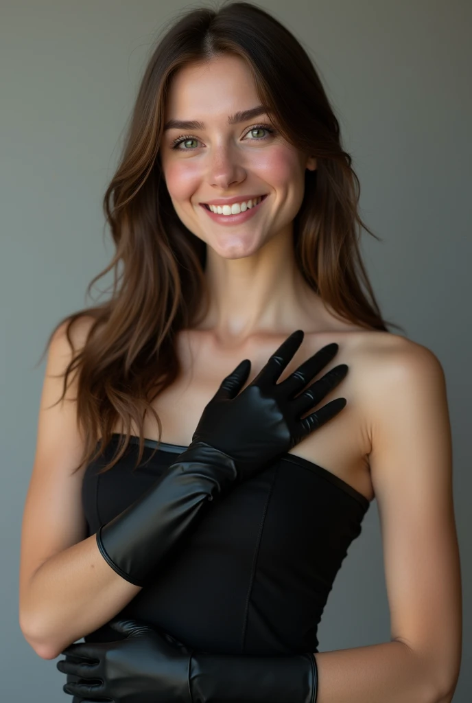 ((best quality)), ((masterpiece)), (detailed), 1girl, passionate athletic ballerina showing off in shiny black , in the style of bold domestic intimacy and catwoman , half-body view, white background, color photography by marta bevacqua, smiling, brunette,