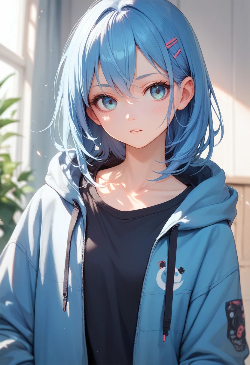 A high school girl with long blue hair wearing a hoodie