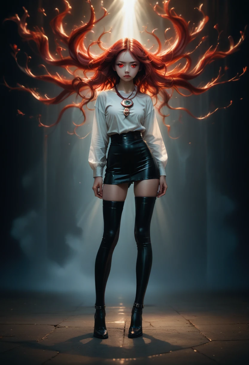 2d, masterpiece, best quality, anime, highly detailed face, highly detailed eyes, highly detailed background, perfect lighting, 1girl, solo, full body, standing, latex legwear, white shirt, red hair, amulet 