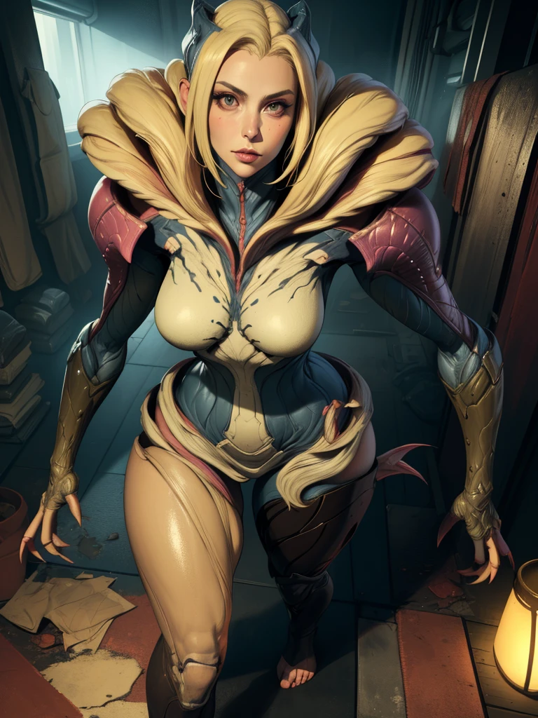 semi-realistic. Saryn, standing, frontview, looking to the viewer. /she looks to the viewer), (((light blonde human face  with poytail))),  abadoned lavoratory. (insanely detailed,masterpiece, best quality),solo, claws. clawes feet.  tight. mutated left legs.