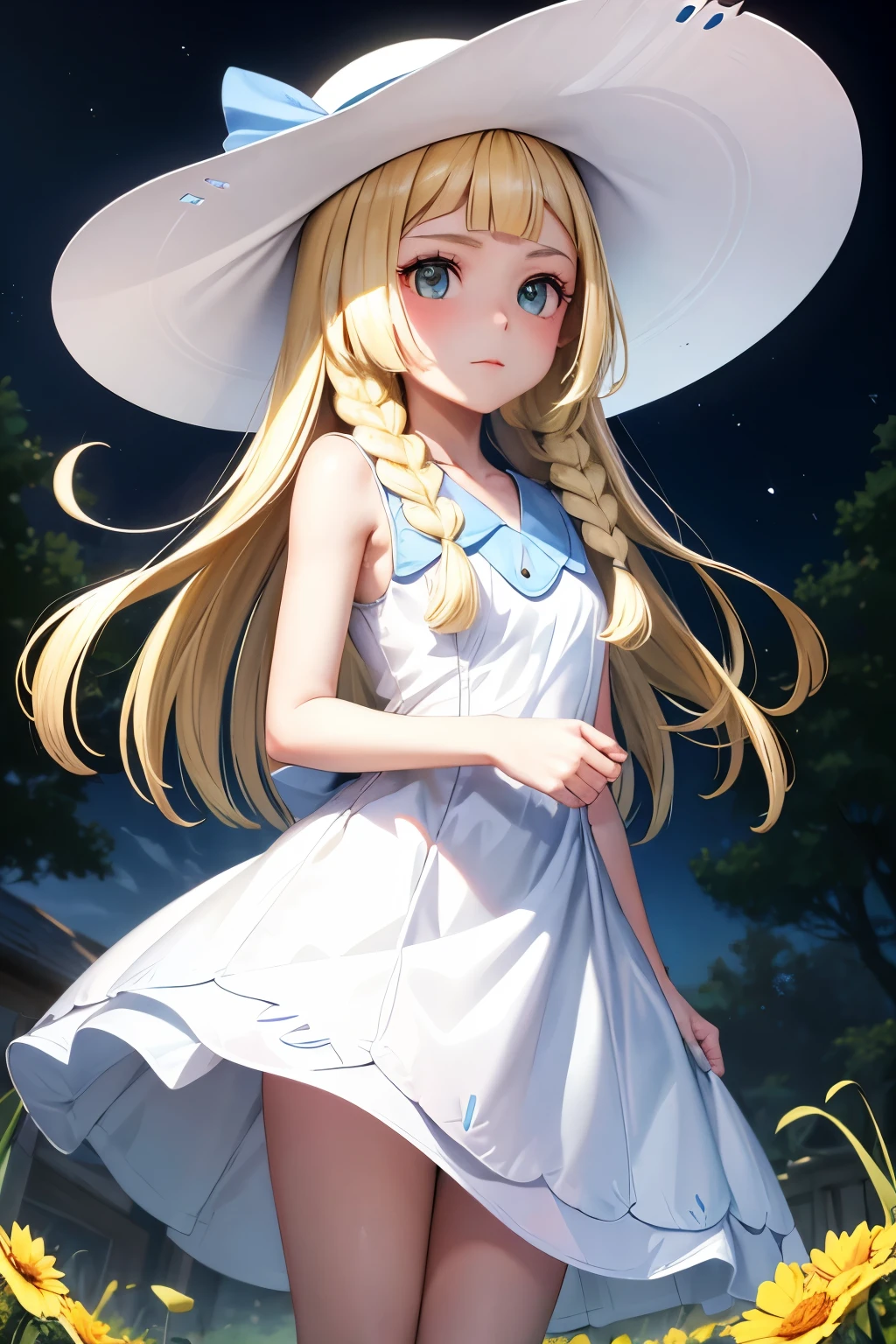 (8k, raw photo, masterpiece, extremely detailed, best quality, professional lighting, high res), BREAK beautiful and adorable girl, AALILLIE, LONG HAIR, BRAID, SUN HAT, WHITE HEADWEAR, COLLARBONE, SLEEVELESS DRESS, WHITE DRESS, humble, grown-up looks