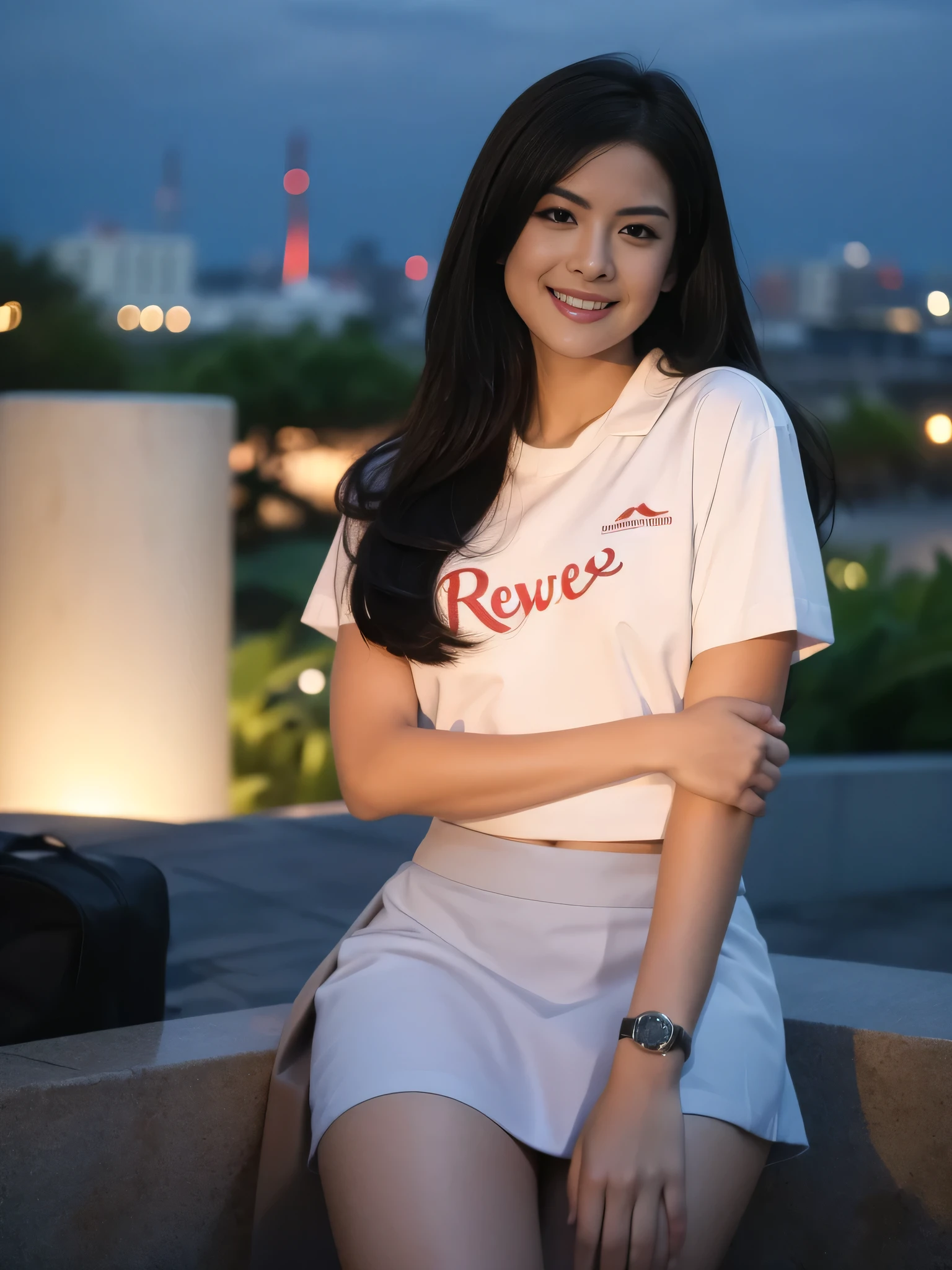 1girl, 1 girl, (uniform), standing, outdoors, night view, detailed Metropolitan city at the background, (Overhead view:1.35), (zoom out: 1.1), detailed face, cute little smile, detailed eyes, medium thick breasts, six pack abs, smooth realistic skin, semi-curvy body, white shirt, grey blue short skirt, looking at the audience, (8k, RAW photo, best quality, masterpiece: 1.3), (realistic, realistic: 1.37), ultra-high resolution