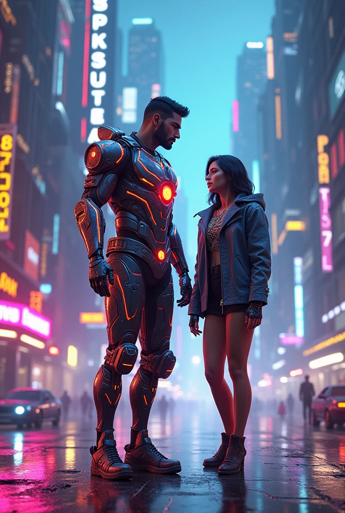 High resolution drawing of a warrior facing the camera, full body in Illuminated Space style armor with a muscular body, head to the right looking at an unclothed woman on her knees with huge breasts, walking in a destroyed Cyberpunk city, rays in the night sky.