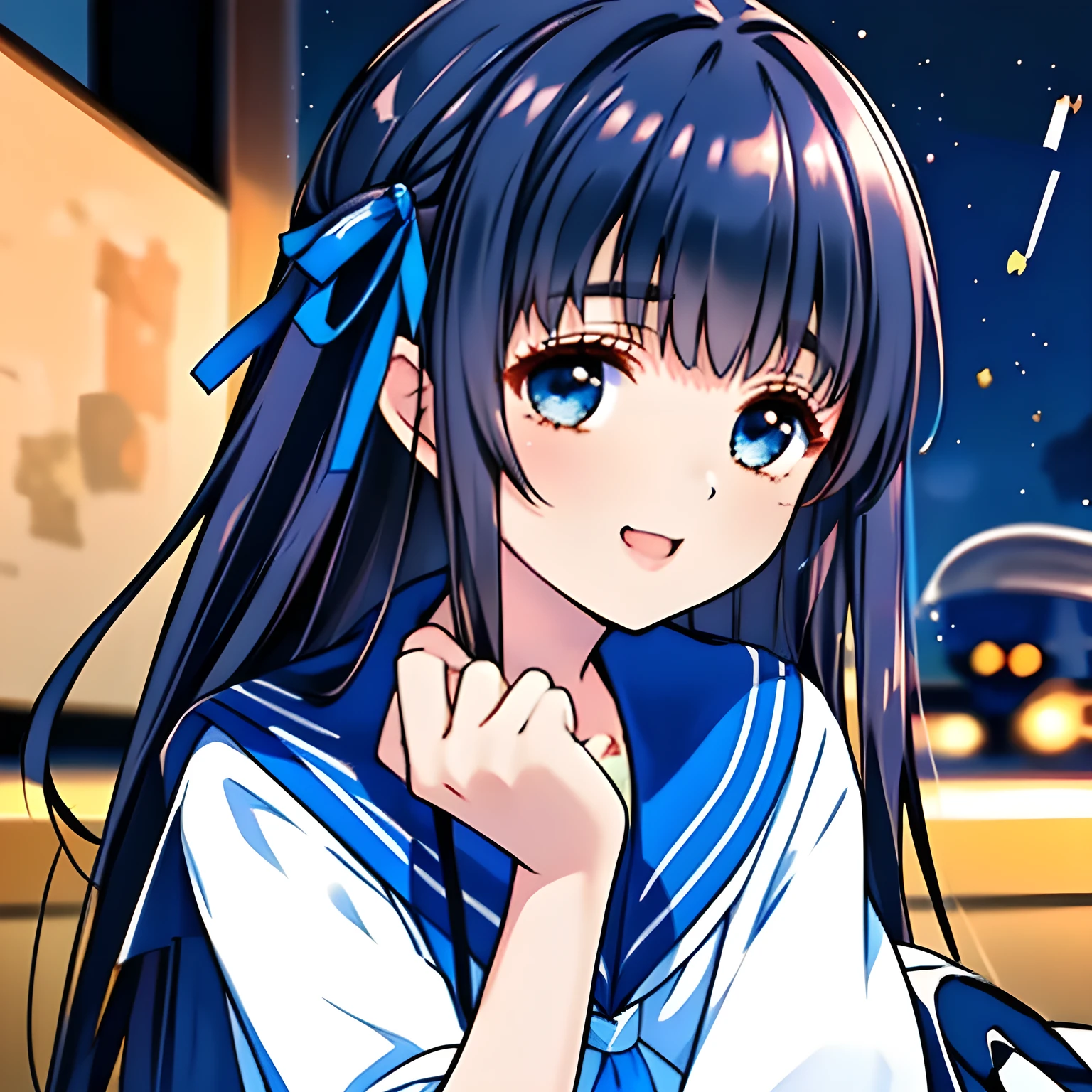 (highest quality, masterpiece, Full HD, High definition, High color saturation: 1.2), (Very carefully drawn cover of Japanese high-school girl's comics, Solo beautiful giggling noble elegant high-school girl wares navy sailor-styled uniform with leather school bag and flying in space, charming me sexually and elegantly, mature intelligent sexy noble face, Noble Elegant but lecherous salacious insane and lascivious, sailor uniform: 1.5), (Just one very beautiful noble heroine who is looking and laughing at me, Very detailed cute noble high-school woman's noble eyes and face, Beautiful giggling eyes with detailed: 1.4), (Super-long bottom-eyelashes: 1.2), (Girl whom everyone loves because of her beauty and lovely fashion and noble manner and mind of evil succubus and magical-charm of evil succubus: 1.0), (Very beautiful, wavy, cutely super-super-long dark-dark-blue-dark-blue rich hair, with elegant hair ribbons, spreading on whole the screen: 1.3), (Laughing very beautiful and sapphire-blue mature intelligent cute-eyes which charms and enslave me inevitably, with clearly detailed: 1.4), (Eyes are clearly detailed), (very long eyelashes: 1.0), (Realistic noble neat noble school navy-colored sailor uniform with a noble expensive glossy red ribbon on the chest: 1.4), (Realistic Charming neat navy-colored deeply pleated long expensive school skirt: 1.5), (Soprano singer of classic music: 1.6), (Can't stop giggling: 1.6), Clear skin, (Nothing except black space and stars background: 1.7), (Navy-colored tops and Navy-colored cute collar of sailor-uniform: 1.6), (Faces are especially detailed and carefully drawn.), (Shot from the side)