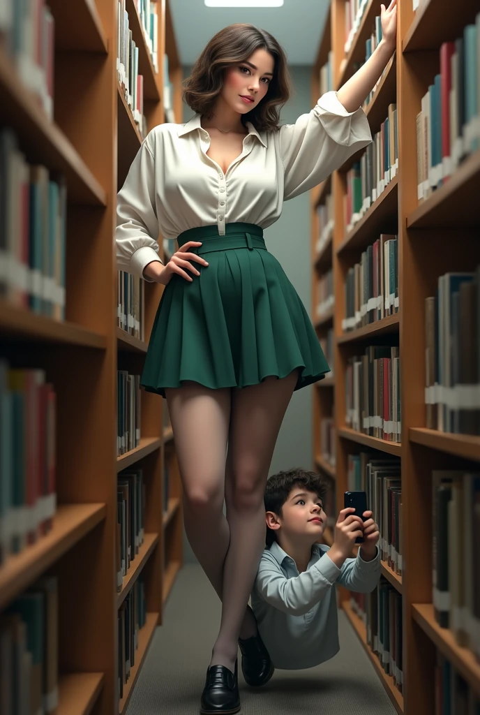 A tall and strong 18years old girl close to a short and shy 18 years old boy at a library