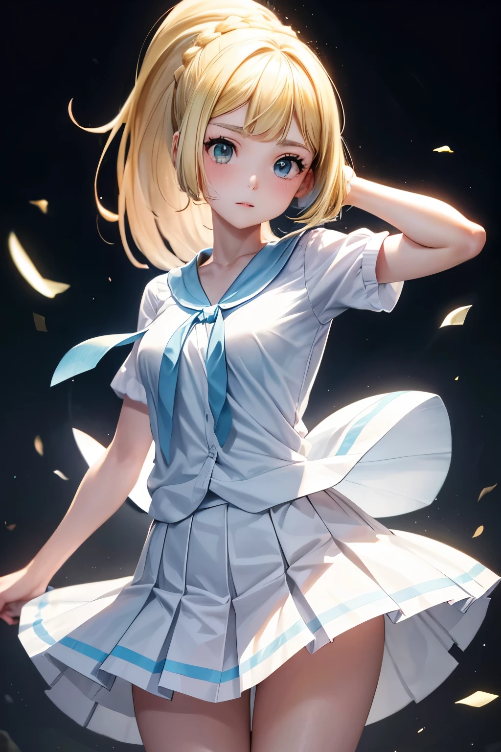 (8k, raw photo, masterpiece, extremely detailed, best quality, professional lighting, high res), BREAK beautiful and adorable girl, AALILLIE, LONG HAIR, PONYTAIL, FRENCH BRAID, WHITE SHIRT, SHORT SLEEVES, WHITE SKIRT, PLEATED SKIRT, energetic girl, humble, grown-up looking