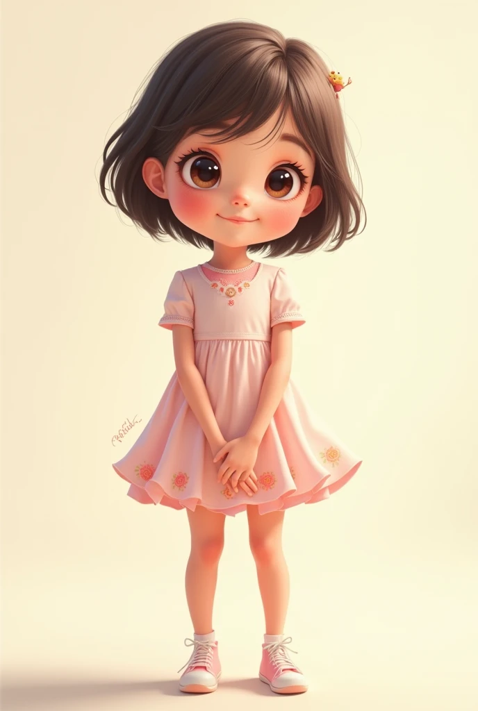 criar 8 imagens de uma menina, poses and expressions on a white background, Disney style children's book illustration, simples, fofo, 6 anos, sorridente, Cores, cabelos castanhos longos, Cor lisa, lilac dress and short sleeves, Sapatinhos, without a hat, sem livro, without glasses --auto