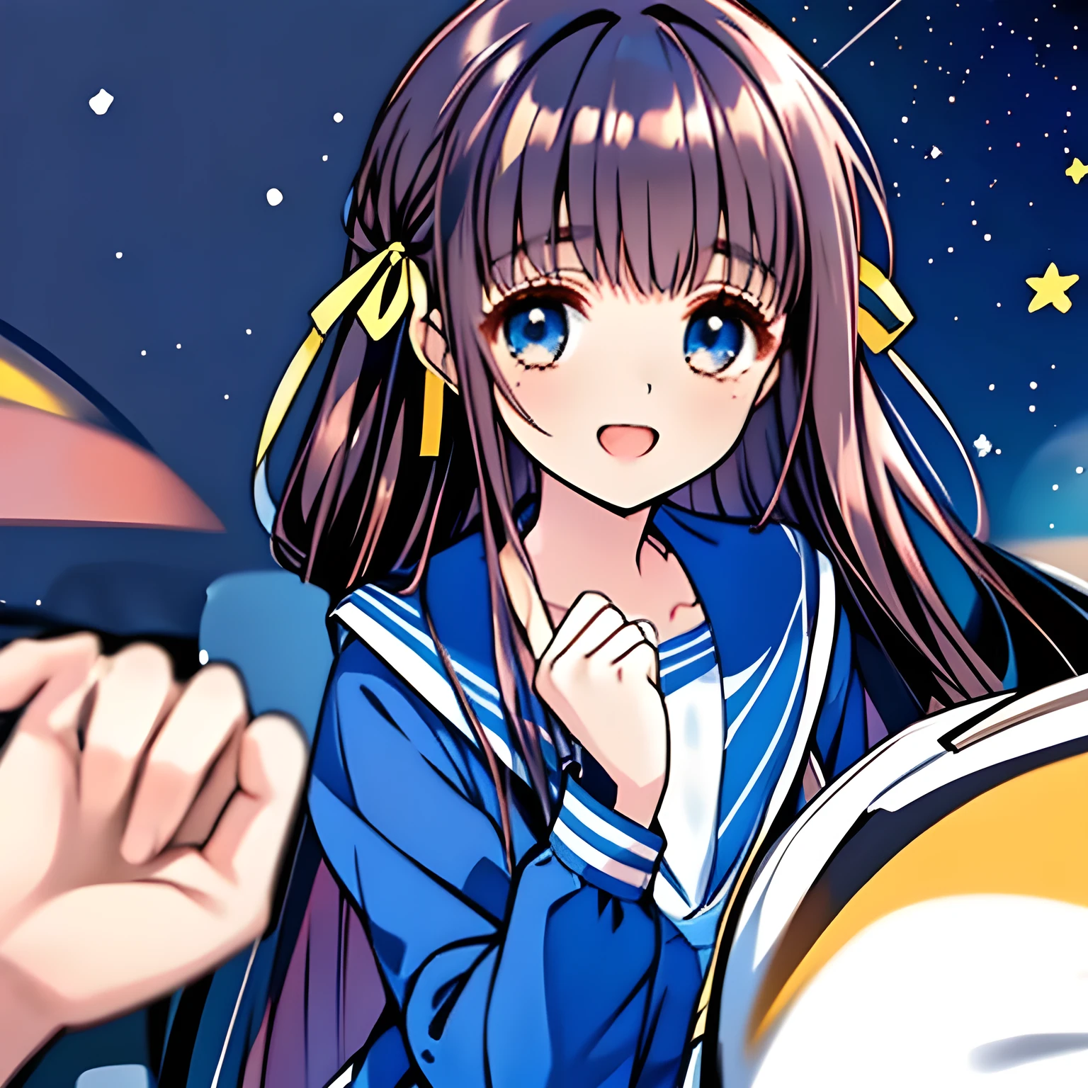 (highest quality, masterpiece, Full HD, High definition, High color saturation: 1.2), (Very carefully drawn cover of Japanese high-school girl's comics, Solo beautiful giggling noble elegant high-school girl wares navy sailor-styled uniform with leather school bag and flying in space, charming me sexually and elegantly, mature intelligent sexy noble face, Noble Elegant but lecherous salacious insane and lascivious, sailor uniform: 1.5), (Just one very beautiful noble heroine who is looking and laughing at me, Very detailed cute noble high-school woman's noble eyes and face, Beautiful giggling eyes with detailed: 1.4), (Super-long bottom-eyelashes: 1.2), (Girl whom everyone loves because of her beauty and lovely fashion and noble manner and mind of evil succubus and magical-charm of evil succubus: 1.0), (Very beautiful, wavy, cutely super-super-long dark-dark-blue-dark-blue rich hair, with elegant hair ribbons, spreading on whole the screen: 1.3), (Laughing very beautiful and sapphire-blue mature intelligent cute-eyes which charms and enslave me inevitably, with clearly detailed: 1.4), (Eyes are clearly detailed), (very long eyelashes: 1.0), (Realistic noble neat noble school navy-colored sailor uniform with a noble expensive glossy red ribbon on the chest: 1.4), (Realistic Charming neat navy-colored deeply pleated long expensive school skirt: 1.5), (Soprano singer of classic music: 1.6), (Can't stop giggling: 1.6), Clear skin, (Nothing except black space and stars background: 1.7), (Navy-colored tops and Navy-colored cute collar of sailor-uniform: 1.6), (Faces are especially detailed and carefully drawn.), (Shot from the side)