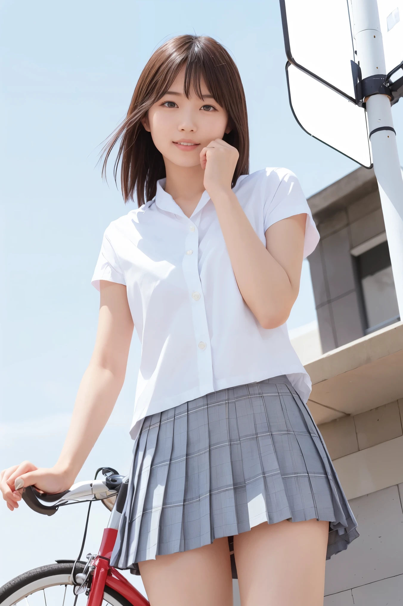 (Straddling the bicycle saddle、Japanese high school girl waiting at a traffic light)、(((White shirt without sleeves)))、Hands on the wheel, looking ahead、Bra visible from sleeve opening、((Light blue checkered mini pleated skirt))、Dark brown bob hair、Medium Hair、Straight hair、smile、Stretching his legs out on the curb、Her long, slender legs are beautiful、Well-proportioned physique,Spread your legs、Wear loafers、A gentle breeze blows and flips my skirt、((I can see your cotton panties.))、Back view at the intersection、(((Angle from below)))、Beautiful blue sky and white clouds、(Highest quality, masterpiece, High resolution)、8k、wallpaper、Her short skirt is rolled up, exposing her panties、Full body portrait