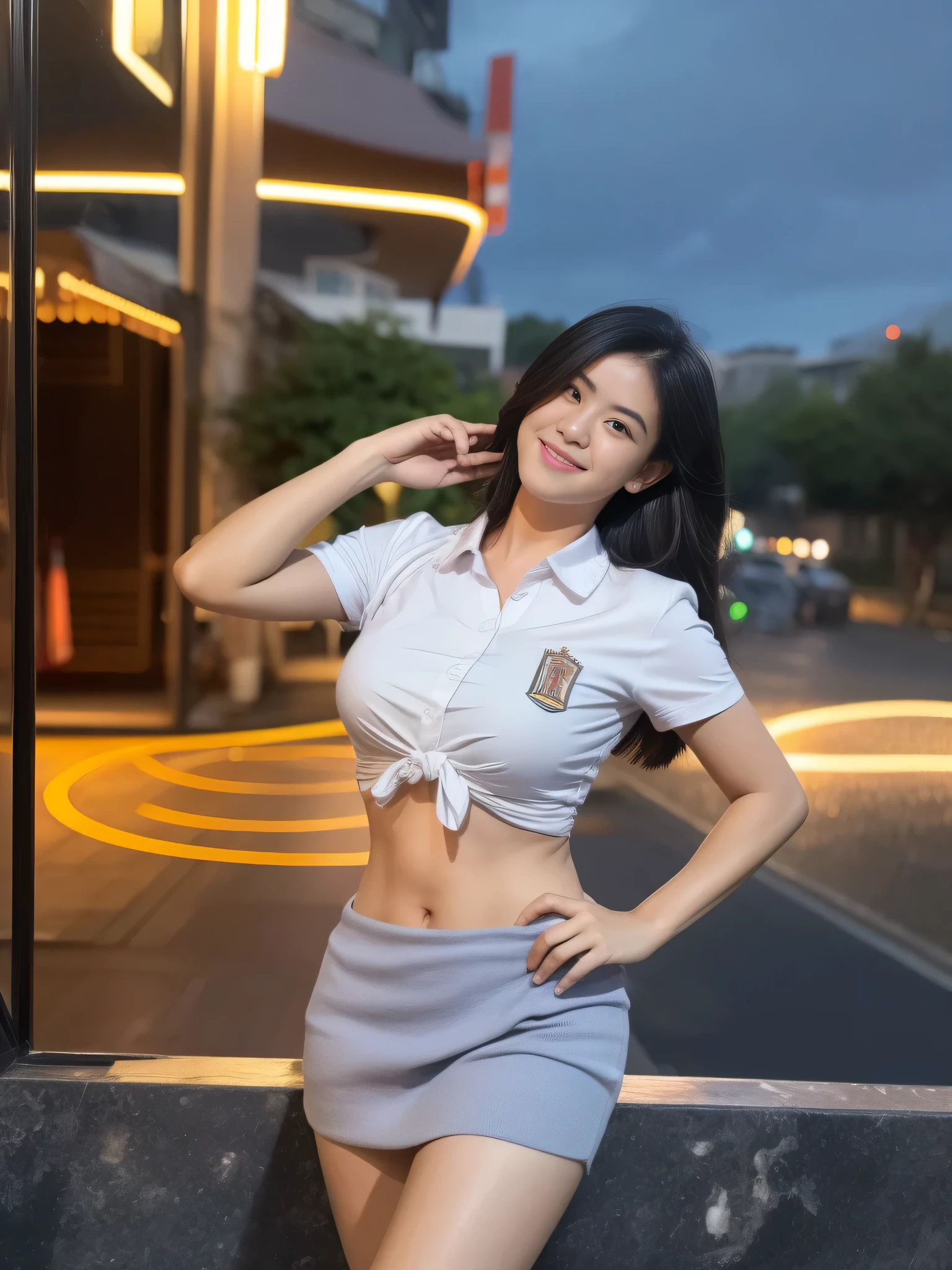 1girl, 1 girl, (uniform), standing, outdoors, night view, detailed Metropolitan city at the background, (Overhead view:1.35), (zoom out: 1.1), detailed face, cute little smile, detailed eyes, medium thick breasts, six pack abs, smooth realistic skin, semi-curvy body, white shirt, grey blue short skirt, looking at the audience, (8k, RAW photo, best quality, masterpiece: 1.3), (realistic, realistic: 1.37), ultra-high resolution