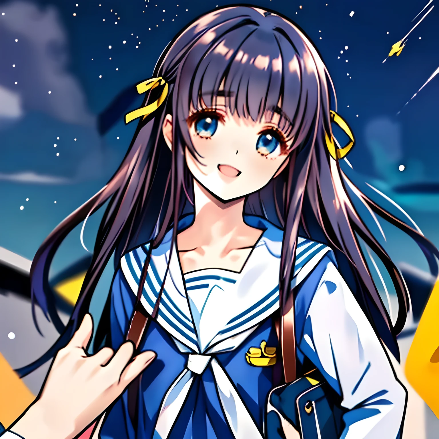 (highest quality, masterpiece, Full HD, High definition, High color saturation: 1.6), (Very carefully drawn cover of Japanese high-school girl's comics, Solo beautiful giggling noble elegant high-school girl wares navy sailor-styled uniform with leather school bag and flying in space, charming me sexually and elegantly, mature intelligent sexy noble face, Noble Elegant but lecherous salacious insane and lascivious, sailor uniform: 1.5), (Just one very beautiful noble heroine who is looking and laughing at me, Very detailed cute noble high-school woman's noble eyes and face, Beautiful giggling eyes with detailed: 1.4), (Super-long bottom-eyelashes: 1.2), (Girl whom everyone loves because of her beauty and lovely fashion and noble manner and mind of evil succubus and magical-charm of evil succubus: 1.0), (Very beautiful, wavy, cutely super-super-long dark-dark-blue-dark-blue rich hair, with elegant hair ribbons, spreading on whole the screen: 1.3), (Laughing very beautiful and sapphire-blue mature intelligent cute-eyes which charms and enslave me inevitably, with clearly detailed: 1.4), (Eyes are clearly detailed), (very long eyelashes: 1.0), (Realistic noble neat noble school navy-colored sailor uniform with a noble expensive glossy red ribbon on the chest: 1.4), (Realistic Charming neat navy-colored deeply pleated long expensive school skirt: 1.5), (Soprano singer of classic music: 1.6), (Can't stop giggling: 1.6), Clear skin, (Nothing except black space and stars background: 1.7), (Navy-colored tops and Navy-colored cute collar of sailor-uniform: 1.6), (Faces are especially detailed and carefully drawn.), (Shot from the side)