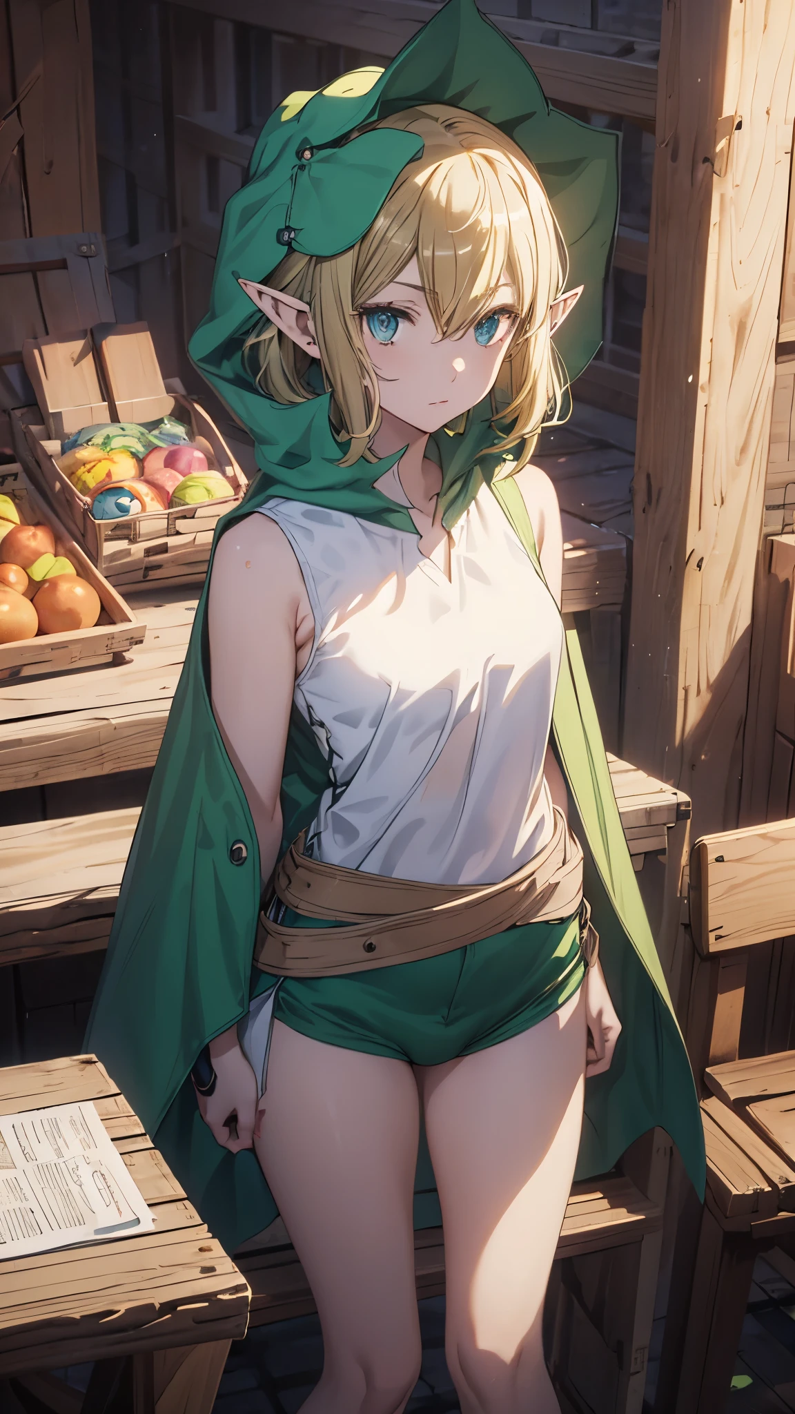 EFT_Ryu, 1girl,slender, blonde hair, solo, blue eyes, pointy ears, cloak, elf, hair between eyes, closed mouth, bangs, green cape, looking at viewer, hood,(white shirt,sleeveless,green buruma:1.5),thighs,arms behind back,sitting,(upper body),(open legs:1.3),cameltoe,masterpiece,Noise Reduction,perfect anatomy,high resolution, ultra-detailed, ultra-detailed face,game cg,dutch angle ,beautiful detailed eyes,visualart,five fingers, perfect hands, perfect lighting, sparkling pupils,
 