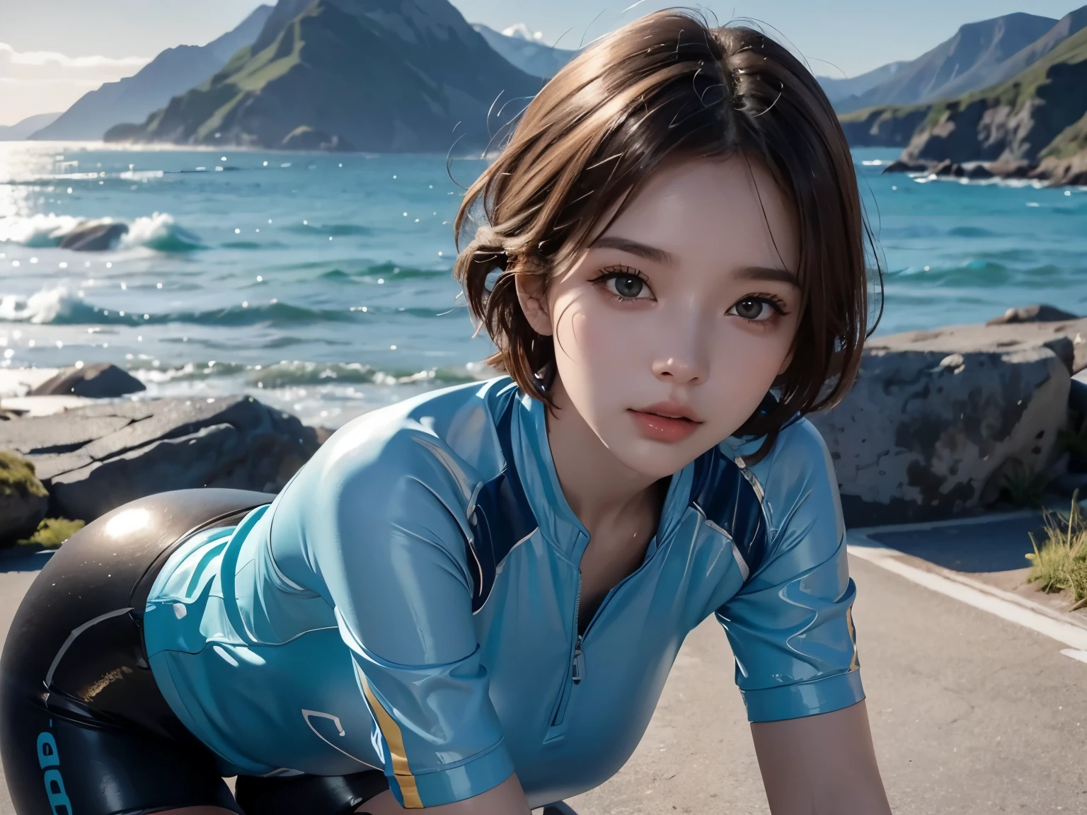 Top quality, 1 beautiful woman riding a road bike along the coastal road, short hair, wearing cyclewear, serene expression, coastal landscape with mountains and ocean in the background, soft lighting, pastel colors, detailed facial features, photorealistic, 8k, high quality, masterpiece, highly detailed face, beautiful detailed eyes, beautiful detailed lips, extremely detailed eyes and face, long eyelashes