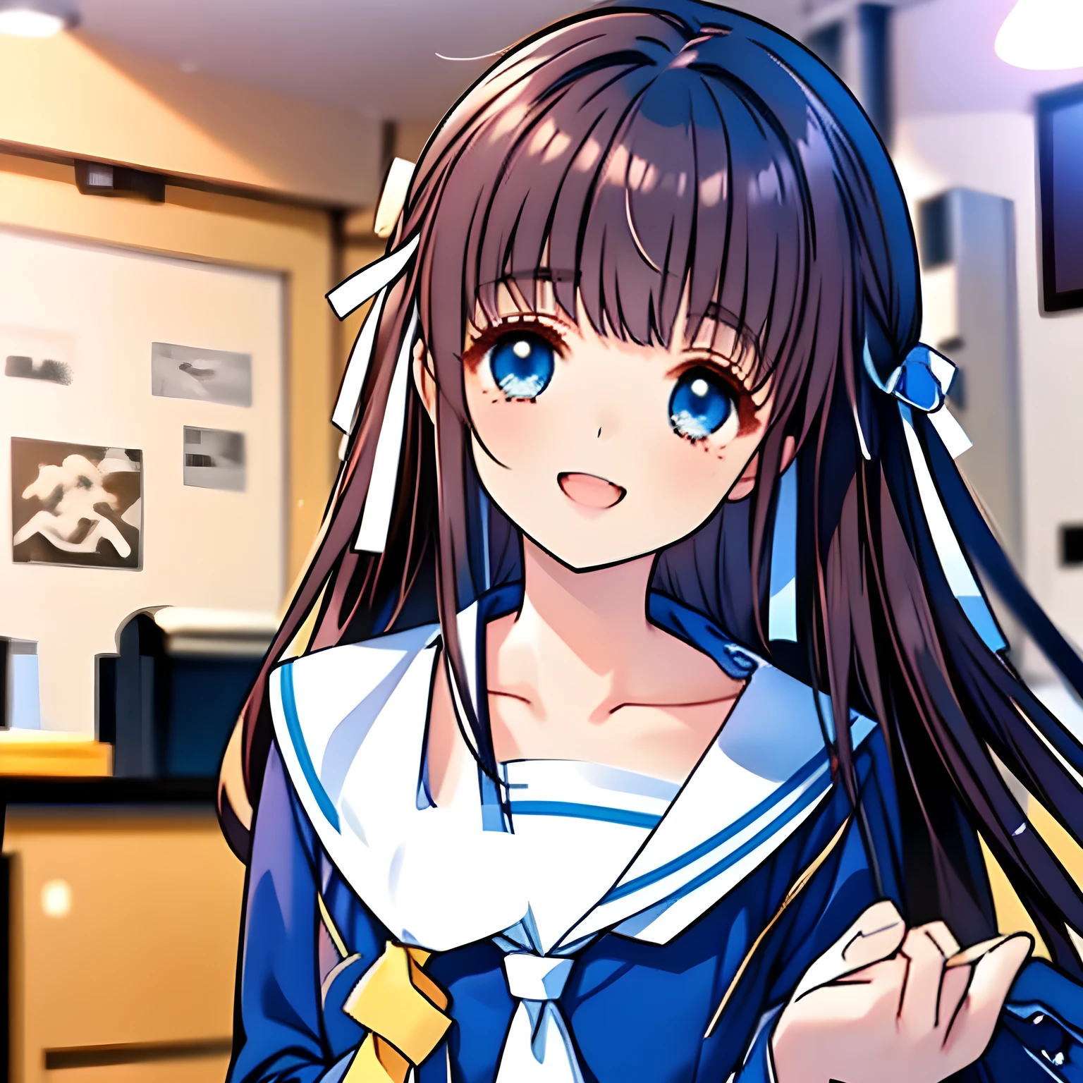 (highest quality, masterpiece, Full HD, High definition: 1.6), (Very carefully drawn cover of Japanese high-school girl's comics, Solo beautiful giggling noble elegant high-school girl wares navy sailor-styled uniform with leather school bag and flying in space, charming me sexually and elegantly, mature intelligent sexy noble face, Noble Elegant but lecherous salacious insane and lascivious, sailor uniform: 1.5), (Just one very beautiful noble heroine who is looking and laughing at me, Very detailed cute noble high-school woman's noble eyes and face, Beautiful giggling eyes with detailed: 1.4), (Super-long bottom-eyelashes: 1.2), (Girl whom everyone loves because of her beauty and lovely fashion and noble manner and mind of evil succubus and magical-charm of evil succubus: 1.0), (Very beautiful, wavy, cutely super-super-long dark-dark-blue-dark-blue rich hair, with elegant hair ribbons, spreading on whole the screen: 1.3), (Laughing very beautiful and sapphire-blue mature intelligent cute-eyes which charms and enslave me inevitably, with clearly detailed: 1.4), (Eyes are clearly detailed), (very long eyelashes: 1.0), (Realistic noble neat noble school navy-colored sailor uniform with a noble expensive glossy red ribbon on the chest: 1.4), (Realistic Charming neat navy-colored deeply pleated long expensive school skirt: 1.5), (Soprano singer of classic music: 1.6), (Can't stop giggling: 1.6), Clear skin, (Nothing except black space and stars background: 1.7), (Navy-colored tops and Navy-colored cute collar of sailor-uniform: 1.6), (Faces are especially detailed and carefully drawn.), (Shot from the side)