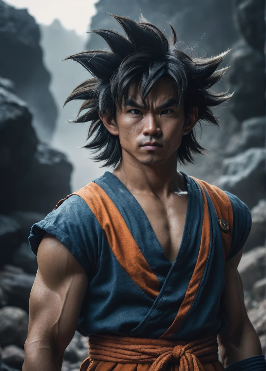 Cinematic Composition darkness A realistic photoshoot of an asian male model goku male model cosplaying as from goku dwarf portrait, dwarven mines, misty, depth of field, haze, halation, Photorealistic, cinematic realistic, hair style conceptual messy long big