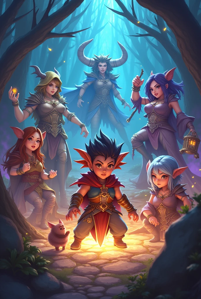A woman wearing blue armor that covers her body with green details,Her armor is not sexy and she has blue hair and the tips of her hair are pink, she has deer antlers, one eye is blue and the other is brown, She has green feathered wings and a lion's tail, Her hands have black, jagged nails and she releases blue fire, next to her is a teenage hottie with curly brown hair, she wears a simple white dress, her eyes are brown she is holding hands with a man with blond hair that goes down to his shoulder, he wears white armor with gold details, wears a red stone necklace and has green eyes, he holds a golden spear and has a yellow aura. Ps three characters are smiling