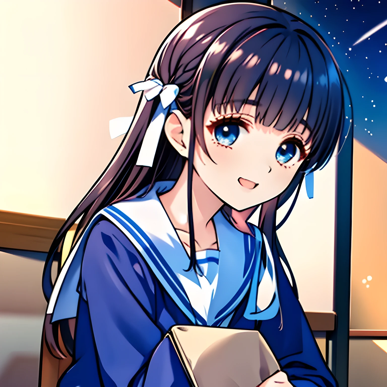 (highest quality, masterpiece, Full HD, High definition: 1.6), (Very carefully drawn cover of Japanese high-school girl's comics, Solo beautiful giggling noble elegant high-school girl wares navy sailor-styled uniform with leather school bag and flying in space, charming me sexually and elegantly, mature intelligent sexy noble face, Noble Elegant but lecherous salacious insane and lascivious, sailor uniform: 1.5), (Just one very beautiful noble heroine who is looking and laughing at me, Very detailed cute noble high-school woman's noble eyes and face, Beautiful giggling eyes with detailed: 1.4), (Super-long bottom-eyelashes: 1.2), (Girl whom everyone loves because of her beauty and lovely fashion and noble manner and mind of evil succubus and magical-charm of evil succubus: 1.0), (Very beautiful, wavy, cutely super-super-long dark-dark-blue-dark-blue rich hair, with elegant hair ribbons, spreading on whole the screen: 1.3), (Laughing very beautiful and sapphire-blue mature intelligent cute-eyes which charms and enslave me inevitably, with clearly detailed: 1.4), (Eyes are clearly detailed), (very long eyelashes: 1.0), (Realistic noble neat noble school navy-colored sailor uniform with a noble expensive glossy red ribbon on the chest: 1.4), (Realistic Charming neat navy-colored deeply pleated long expensive school skirt: 1.5), (Soprano singer of classic music: 1.6), (Can't stop giggling: 1.6), Clear skin, (Nothing except black space and stars background: 1.7), (Navy-colored tops and Navy-colored cute collar of sailor-uniform: 1.6), (Faces are especially detailed and carefully drawn.), (Shot from the side)