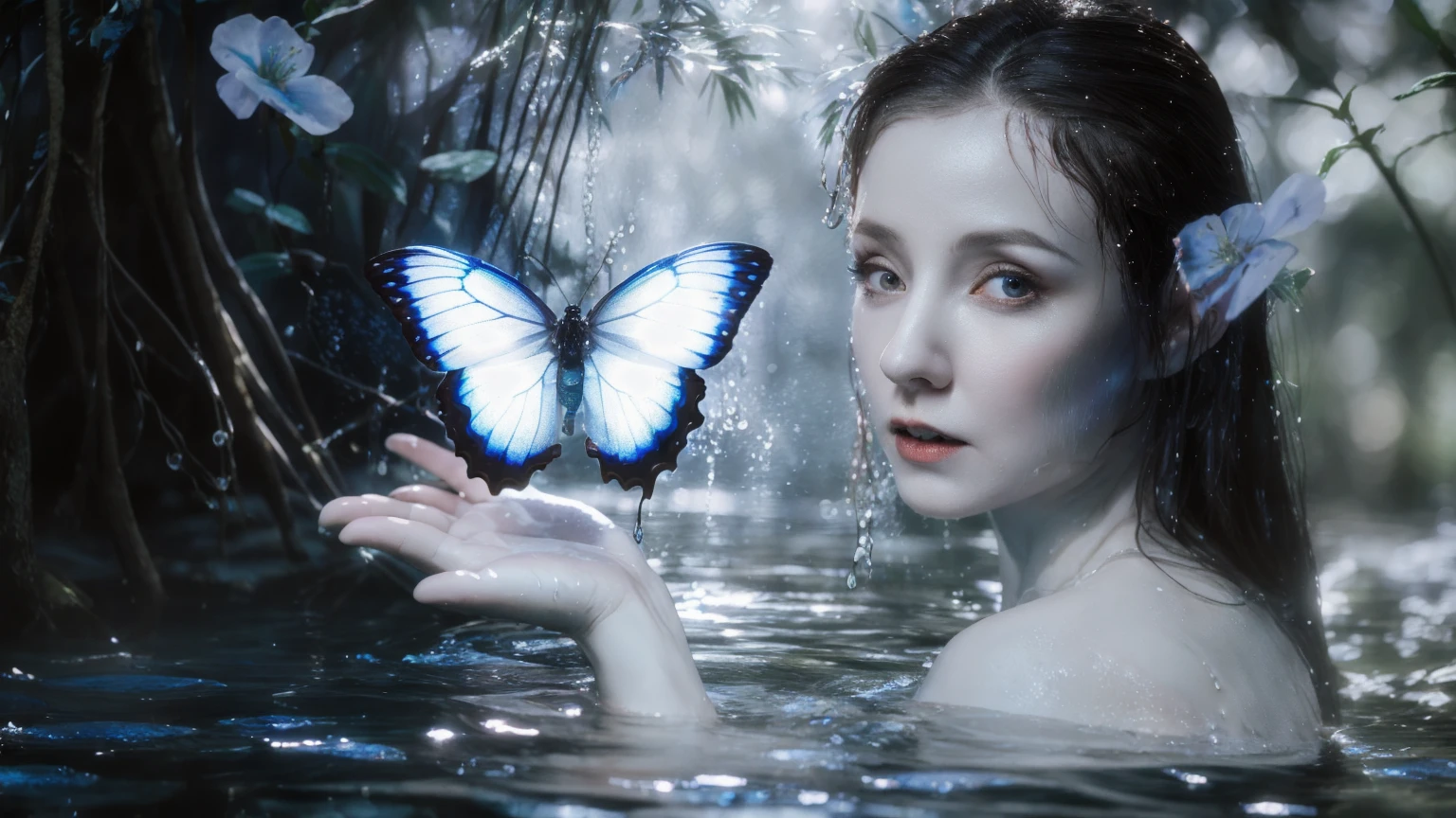 elf girl with wet hair, In water, hand releases blue butterfly. Fairytale surroundings, water, beautiful fairytale forest, beautiful sunlight, mysterious composition, Multiple light sources. beautiful sunlight, muffled light, beautiful contour light. realistic style, realistic texture, high quality,a high resolution, ultra hd 4k