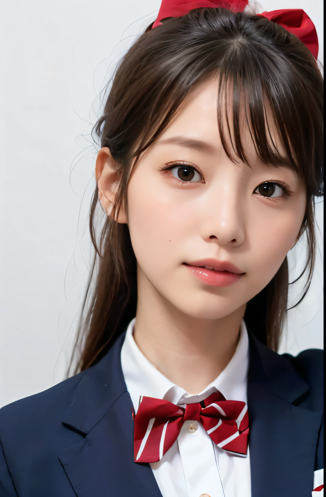 ((A woman wearing a high school uniform and a bow tie)), (Sakura Miyajima, Cosplay), Simple white background, High school uniform blue_Jacket, (((red_A bow tie))), ((don&#39;t wear jewelry:1.5)), black_hair, ((hair_ribbon)), (((Side Ponytail:2.0), Right side)), 1 girl, 24-years-old, young woman,beautiful Finger,beautiful long legs,beautiful body,beautiful Nose,beautiful character design, perfect eye, perfect face,expressive eye,Perfect balance, View your viewers,(Focus on her face),Mouth closed, (Innocent_big_eye:1.0),(Light_笑face:0.3), Official Art,Very detailed CG Unity 8k wallpaper, Perfect lighting,Farbeful, bright_front_face_Lighting,White skin, (masterpiece:1.0),(Highest_quality:1.0), 超High resolution,4K,Very detailed, photograph, 8k, High resolution, High resolution, absurdes:1.2, 400 for Kodak Port, Film Grain, Blurred Background, bokeh:1.2, Lens flare, (Vibrant_Farbe:1.2),Professional Photograph, (beautiful, Big Breasts:1.6), (beautiful_face:1.5),(narrow_Waist),((Just a photo of my face and chest)), To the camera, Look straight into the camera,