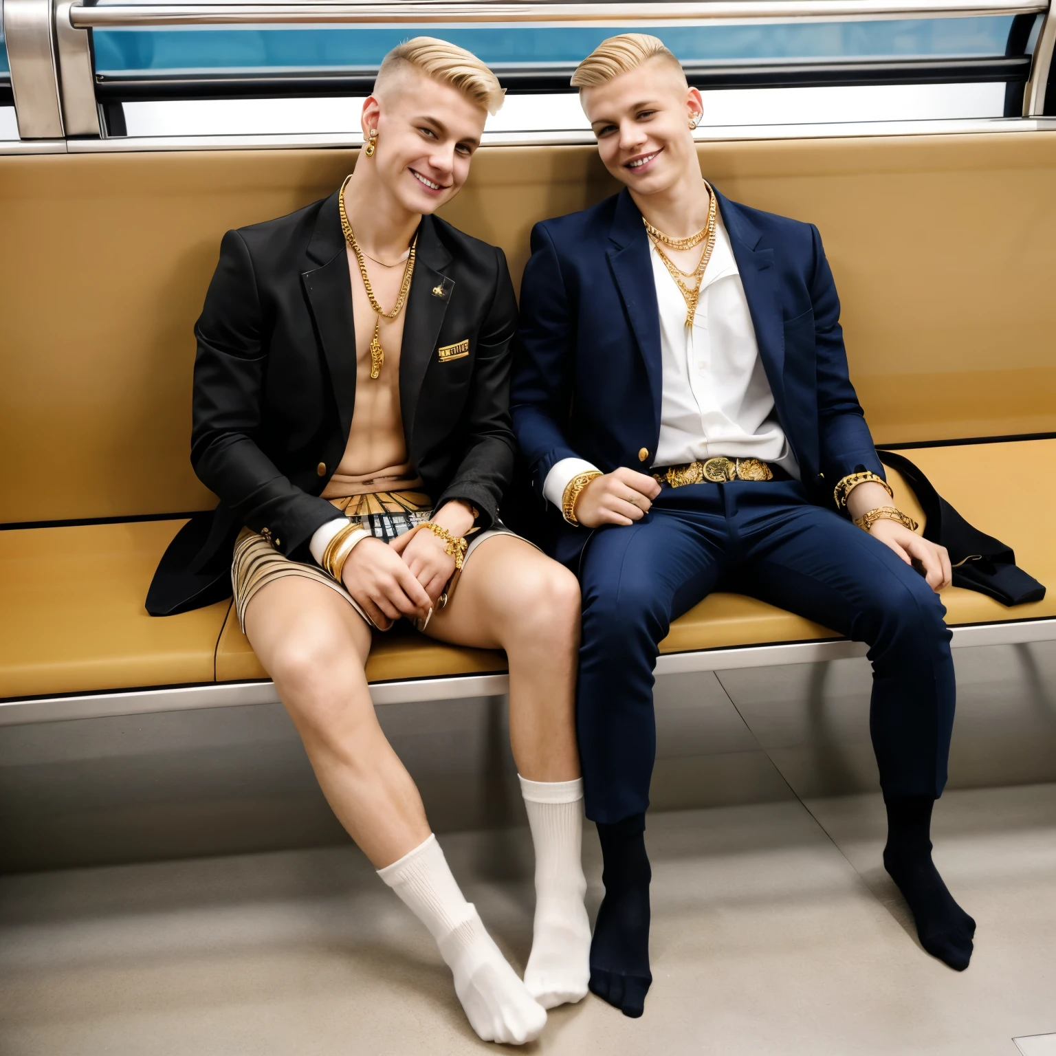 2 arrogant Burberry swagg chav blond european white boys with clean shave hype undercut haircuts, Burberry clothing, Burberry socks, no shoes, lots and lots of gold rings, necklaces, bracelets, gold piercings, nose piercings, sprawled on large bench at bus station, looking happy, horny, grabing, touching, feeling. full body view. Their Burberry socks must be seen 