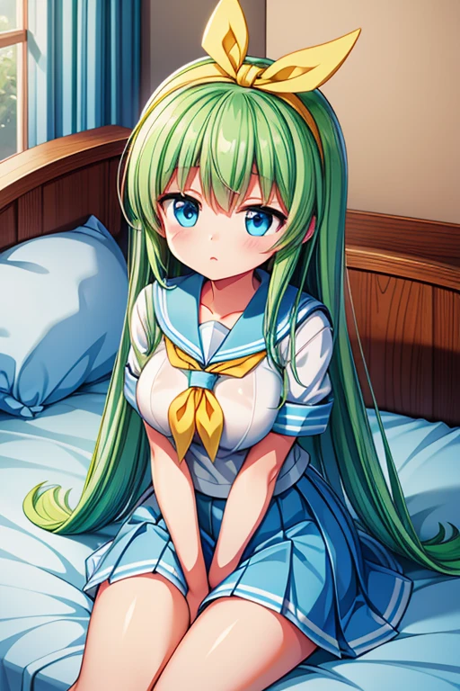 Highest quality,4K,cute,Lime Green middle straight hair,blue eyes,Yellow headband,Aliceband,Large Breasts,middle School girls,Girl sitting in bed,sailor uniform,Embarrassing,