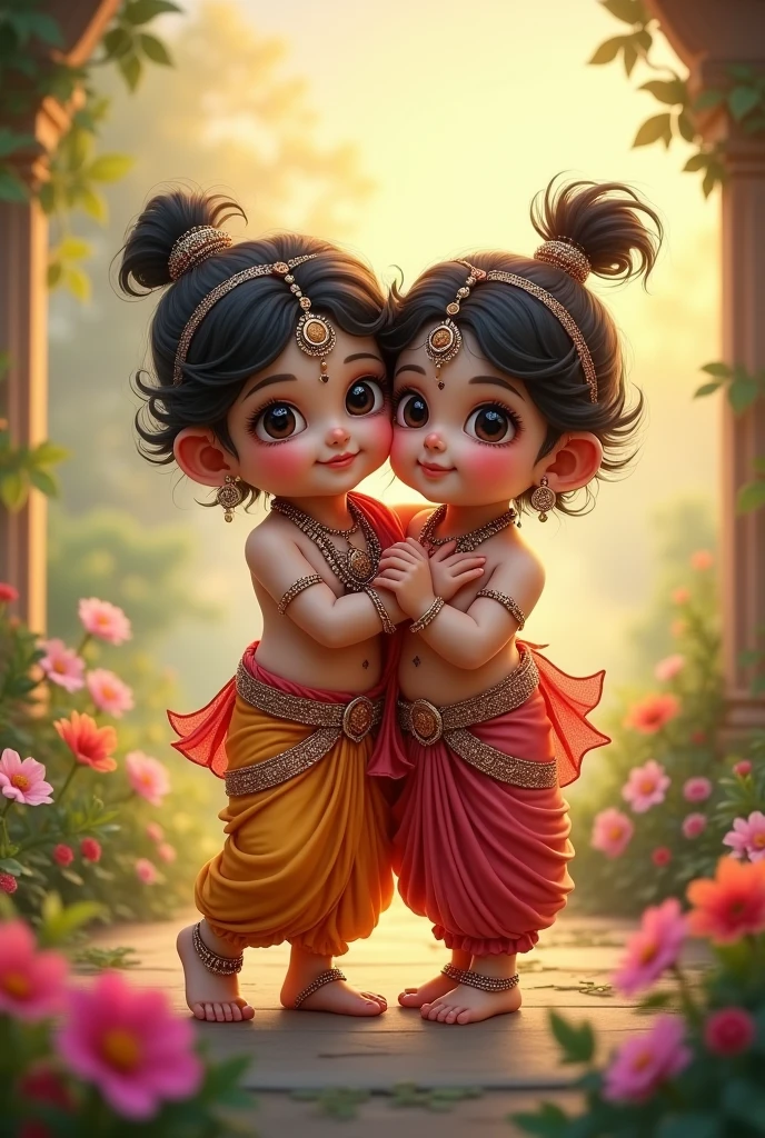 Generate images of cute Radha and Krishna as a child , feather of peacock tucked to the head, 8k render quality