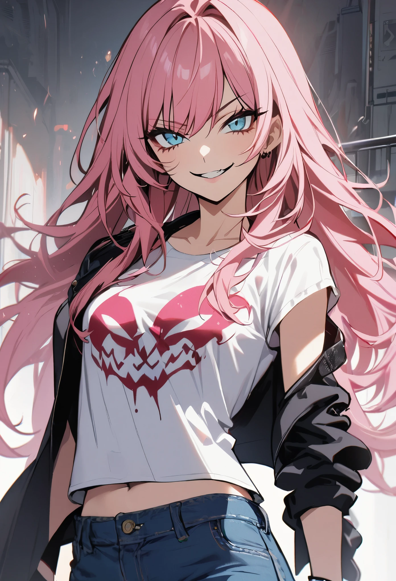 Sexy vampire pink hair, red eyes, fangs, sharp nails, blood on face, dressed Japanese high school clothes, anime style --auto --s2